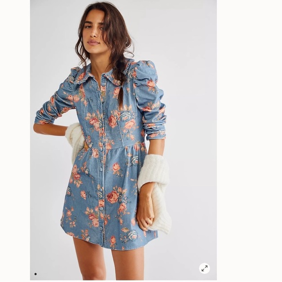 LoveShack Fancy Breyer corduroy Floral Denim Dress size 0 - Picture 1 of 12